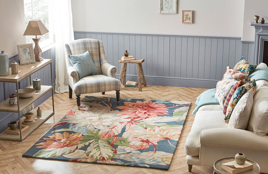 Dahlia and rosehip teal tapijt | Maat: 140 × 200 cm