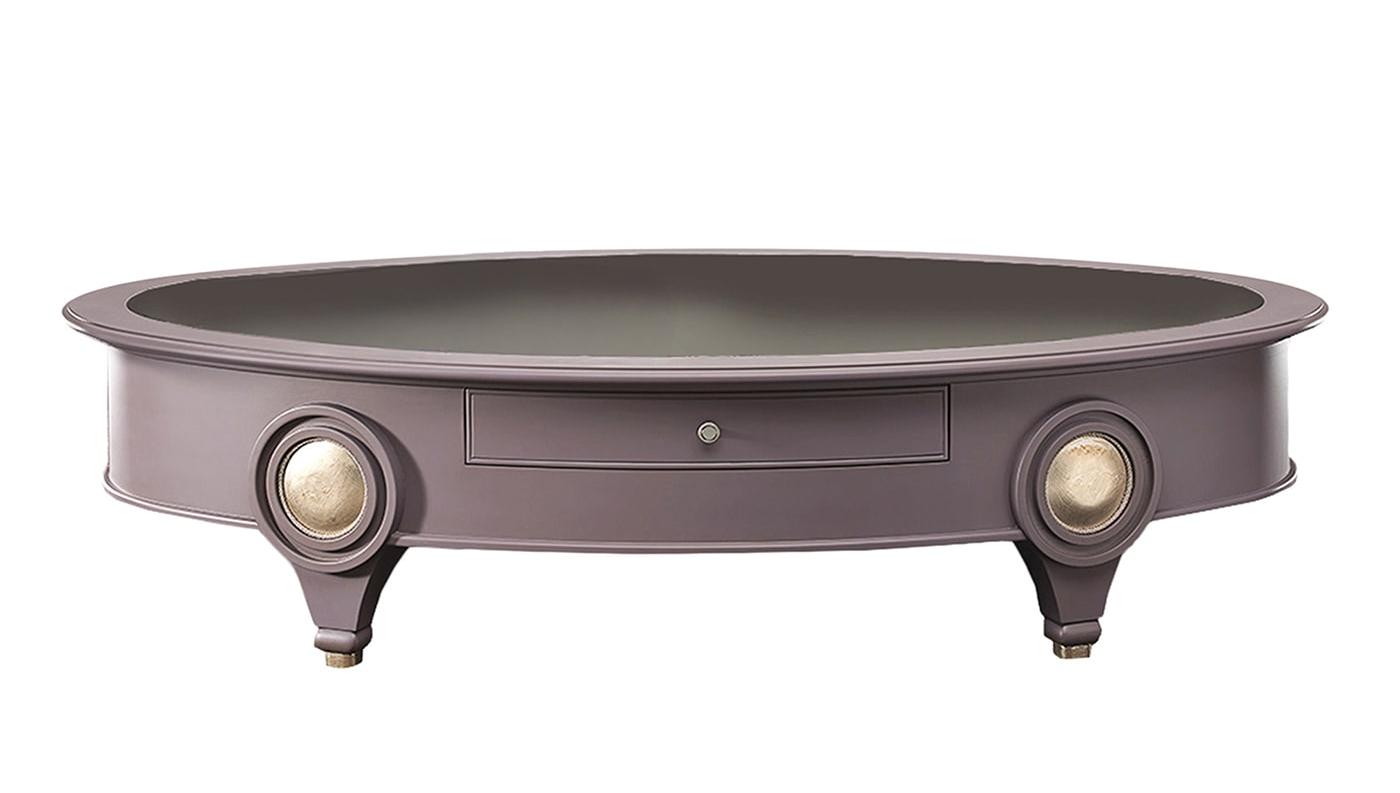 Laag ovaal salontafel met gerookt spiegelblad