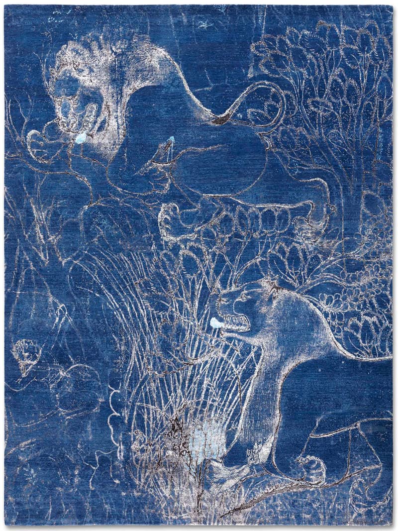 Two Lions Navy handgeweven tapijt | Maat: 365 × 457 cm