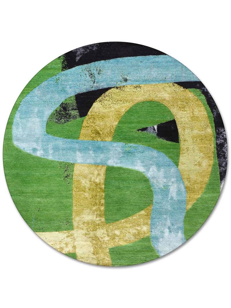 Rond Original groen / geel handgeweven vloerkleed