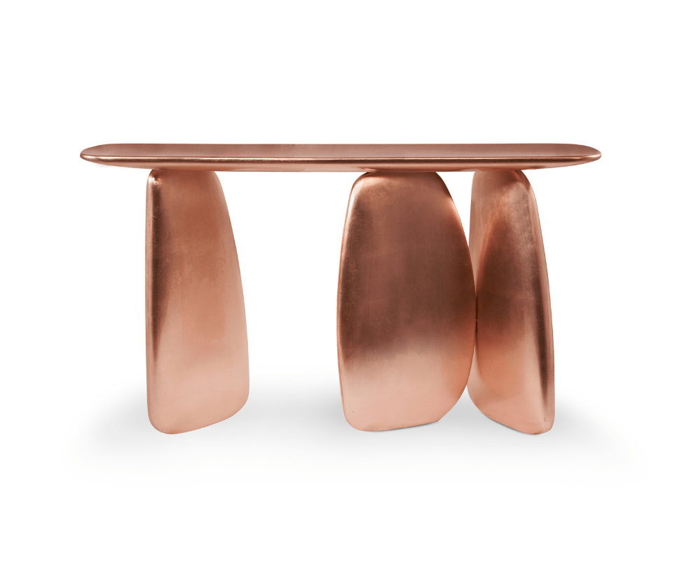 Sculpturale koperen consoletafel