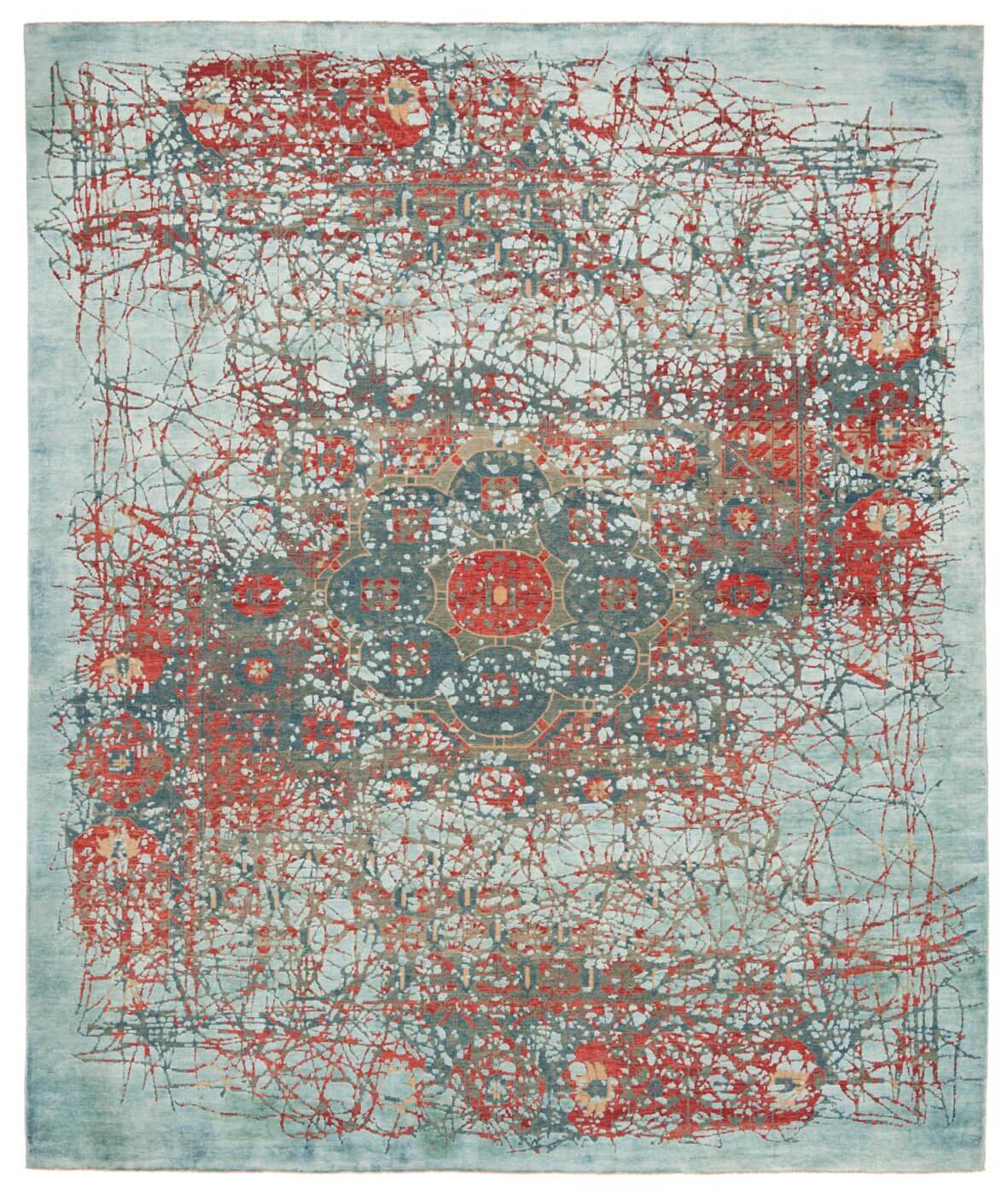 Mamluk kensington pleasure rood blauw zijde vloerkleed | Maat: 250 × 300 cm