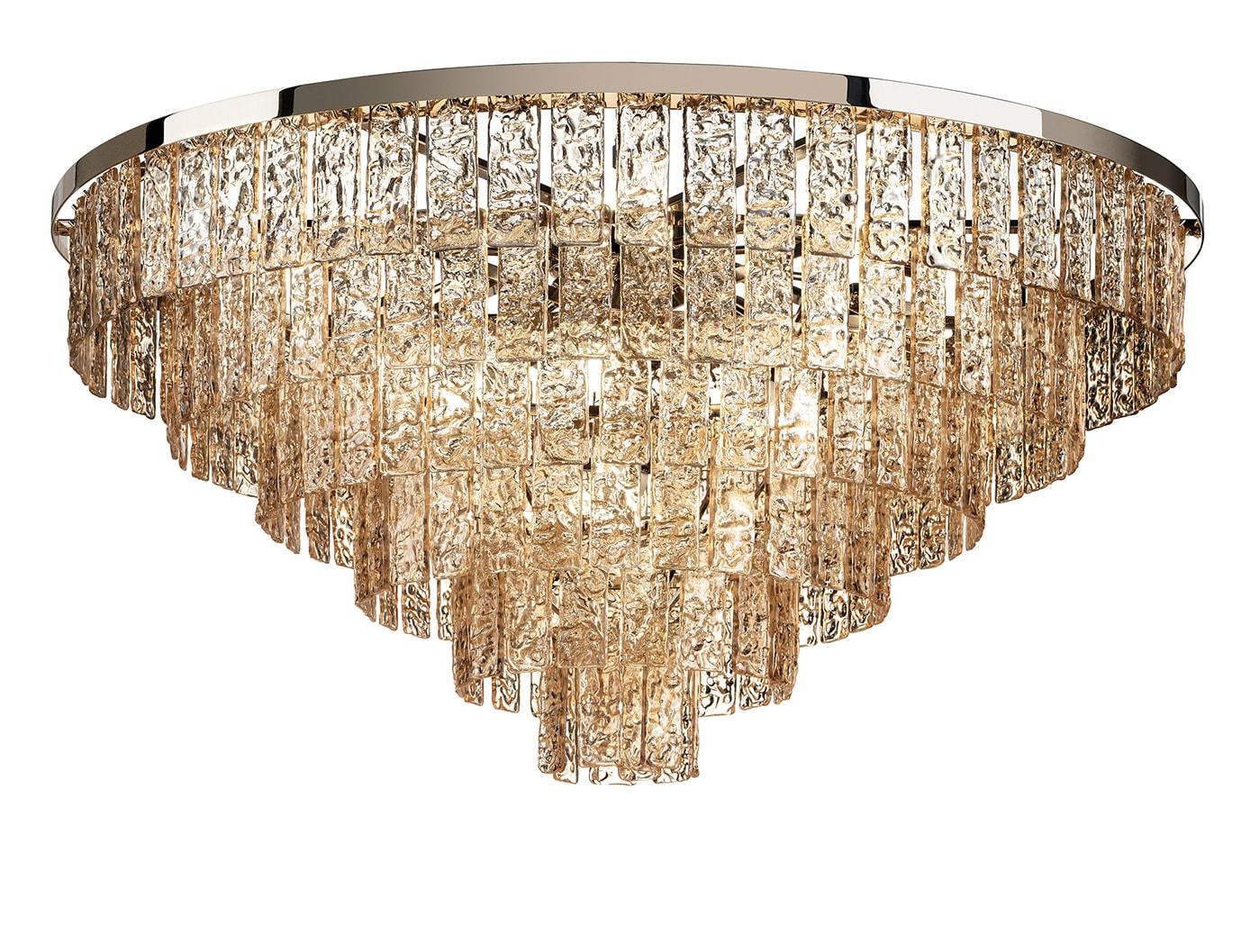 Ronde Kroonluchter met Amber Glas en Gouden Afwerking