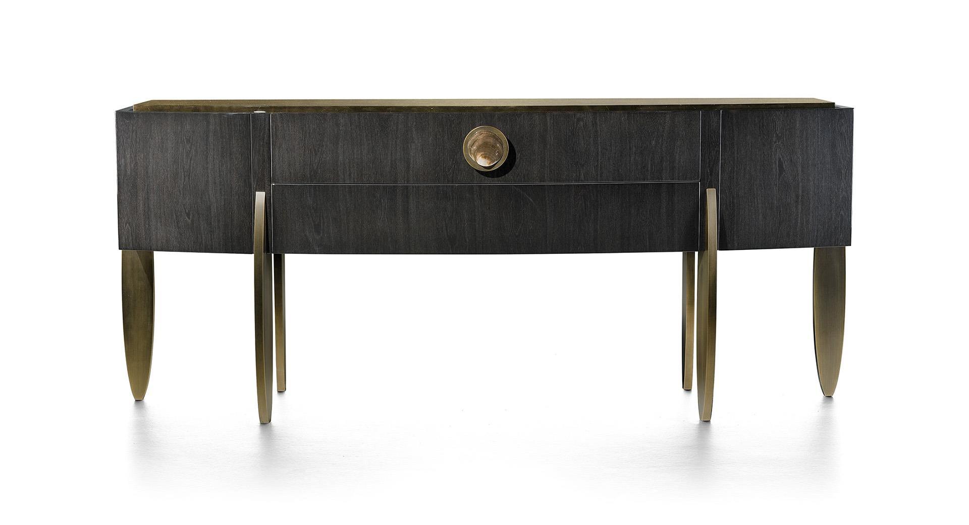 Elegance ellipse console met parel accenten en bronzen poten