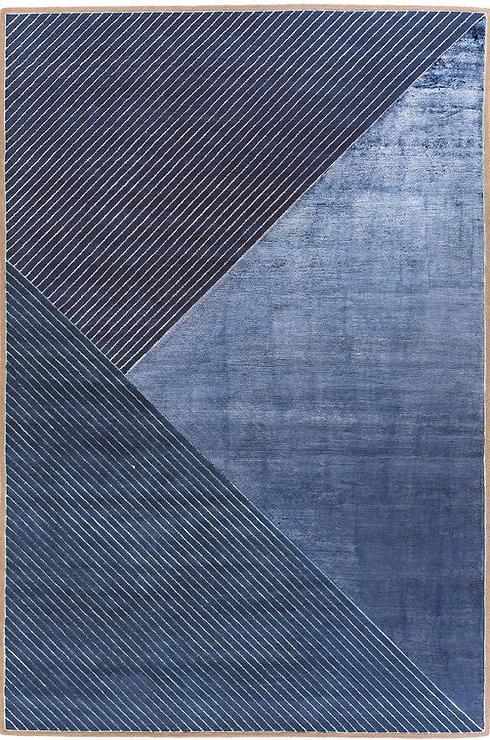 Handgeknoopt blauw geometrisch wol & viscose vloerkleed