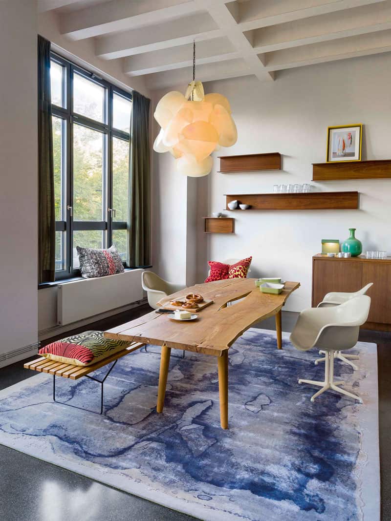 Mono blauw luxe handgeknoopt vloerkleed