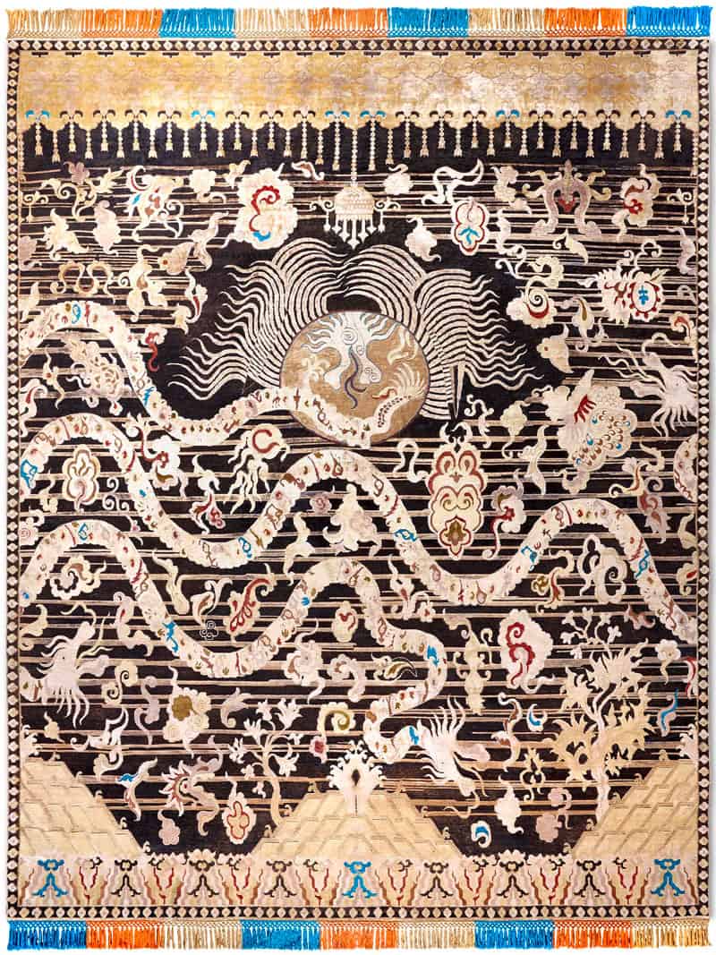 Dragon zwart / goud handgeknoopt tapijt | Maat: 140 × 210 cm