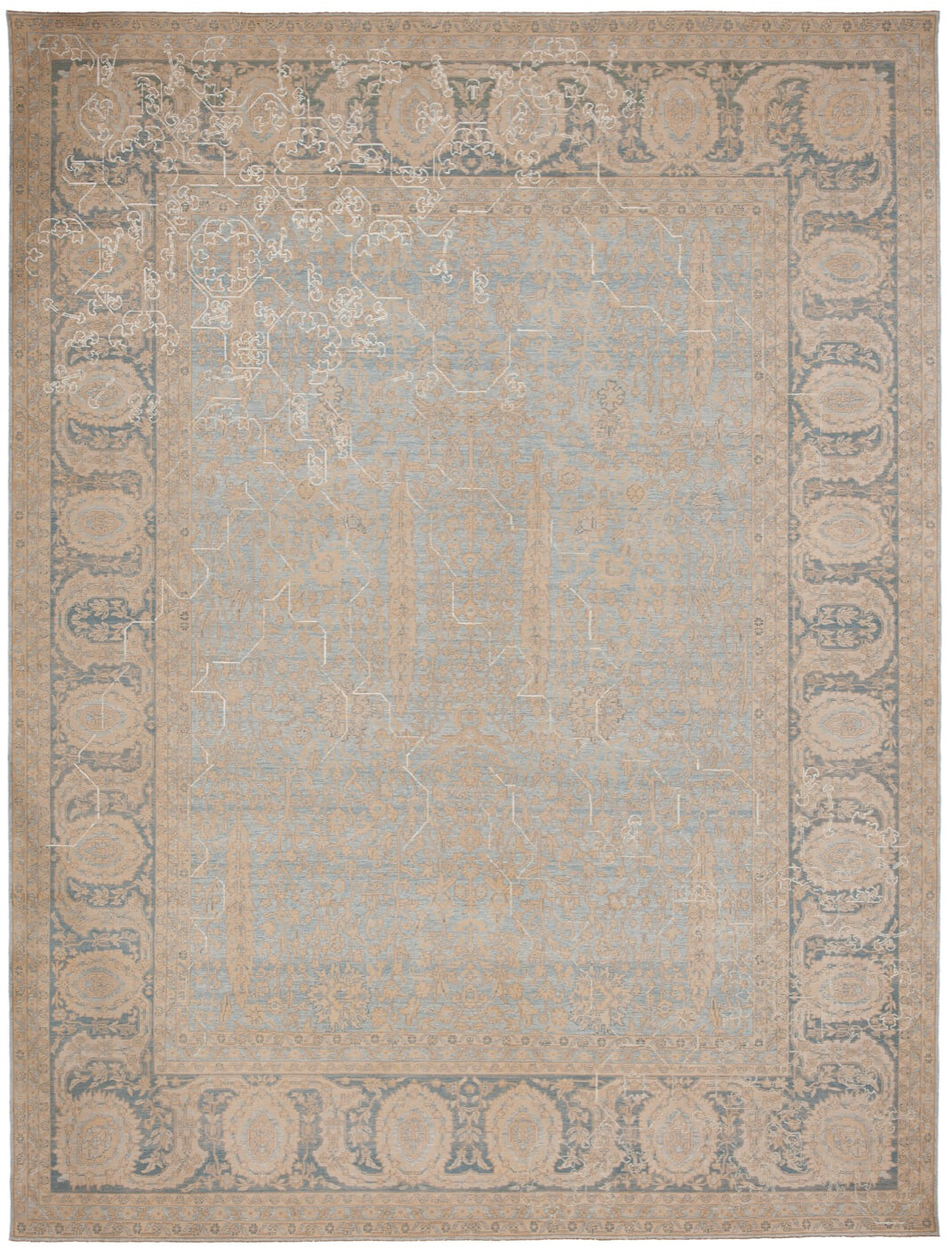 Tabriz wooster sekizgen 2 hemelblauw zilvergrijs zijde tapijt | Maat: 250 × 300 cm