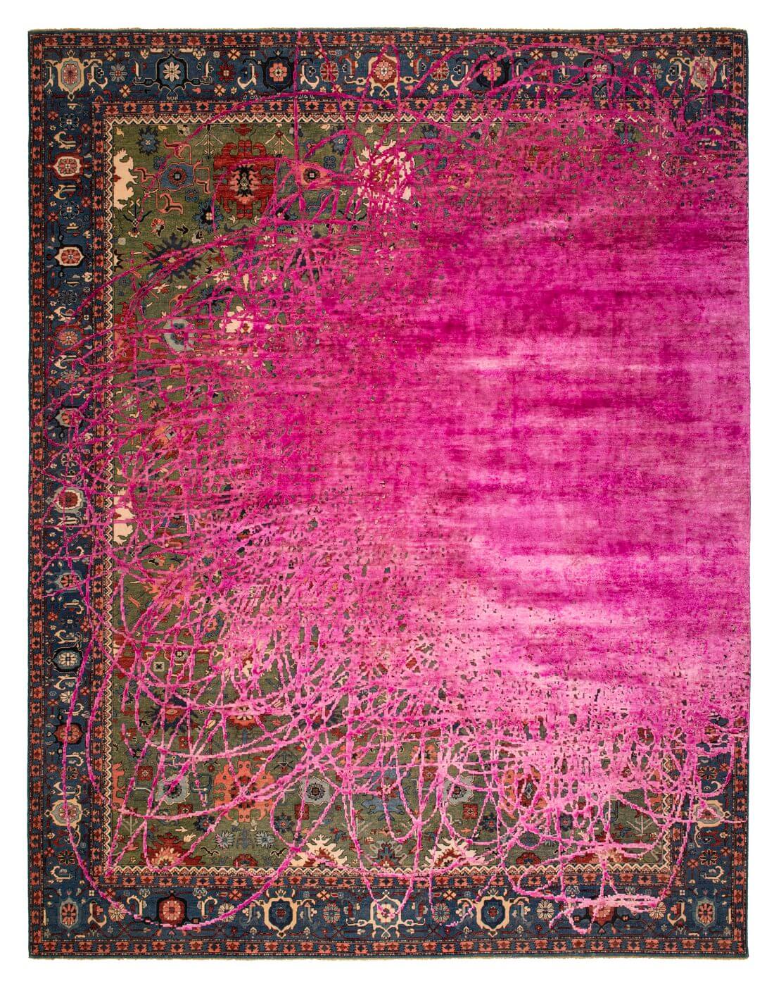 Bidjar kingscross buzz groen neonroze zijde tapijt | Maat: 250 × 300 cm