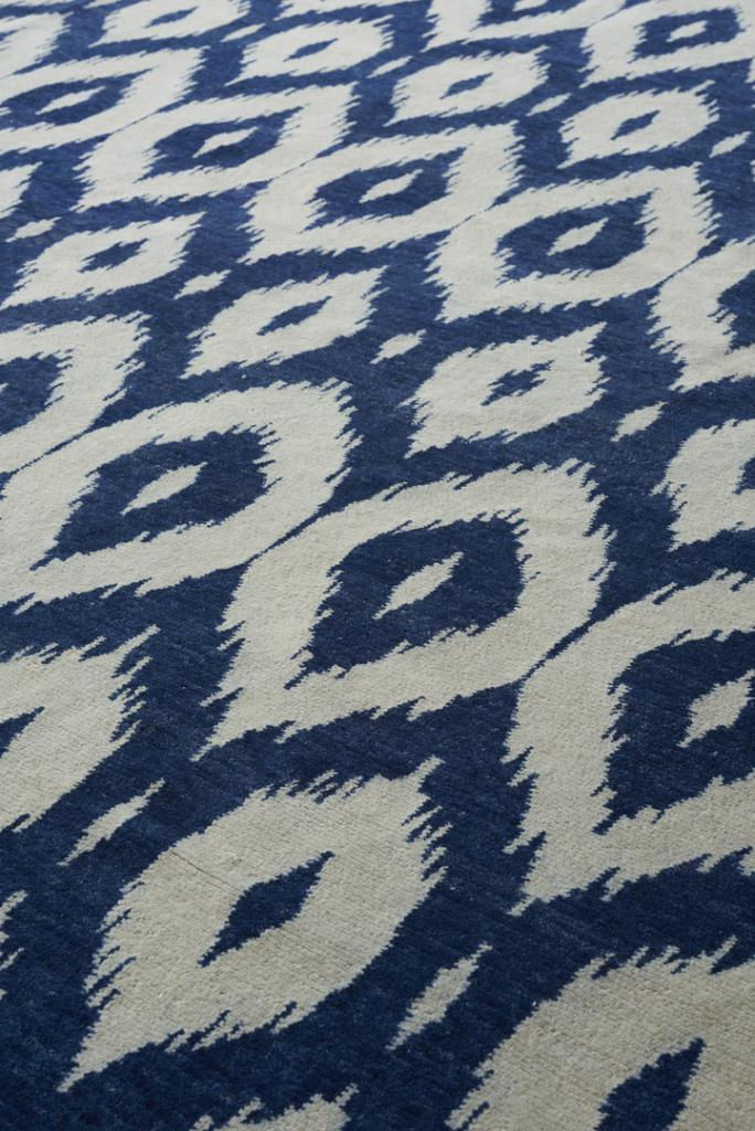 Ikat handgeknoopt wol blauw vloerkleed