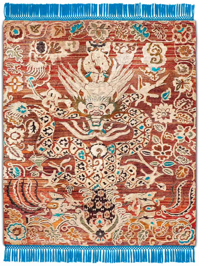 Dragon blauw / rood handgeknoopt tapijt | Maat: 183 × 274 cm