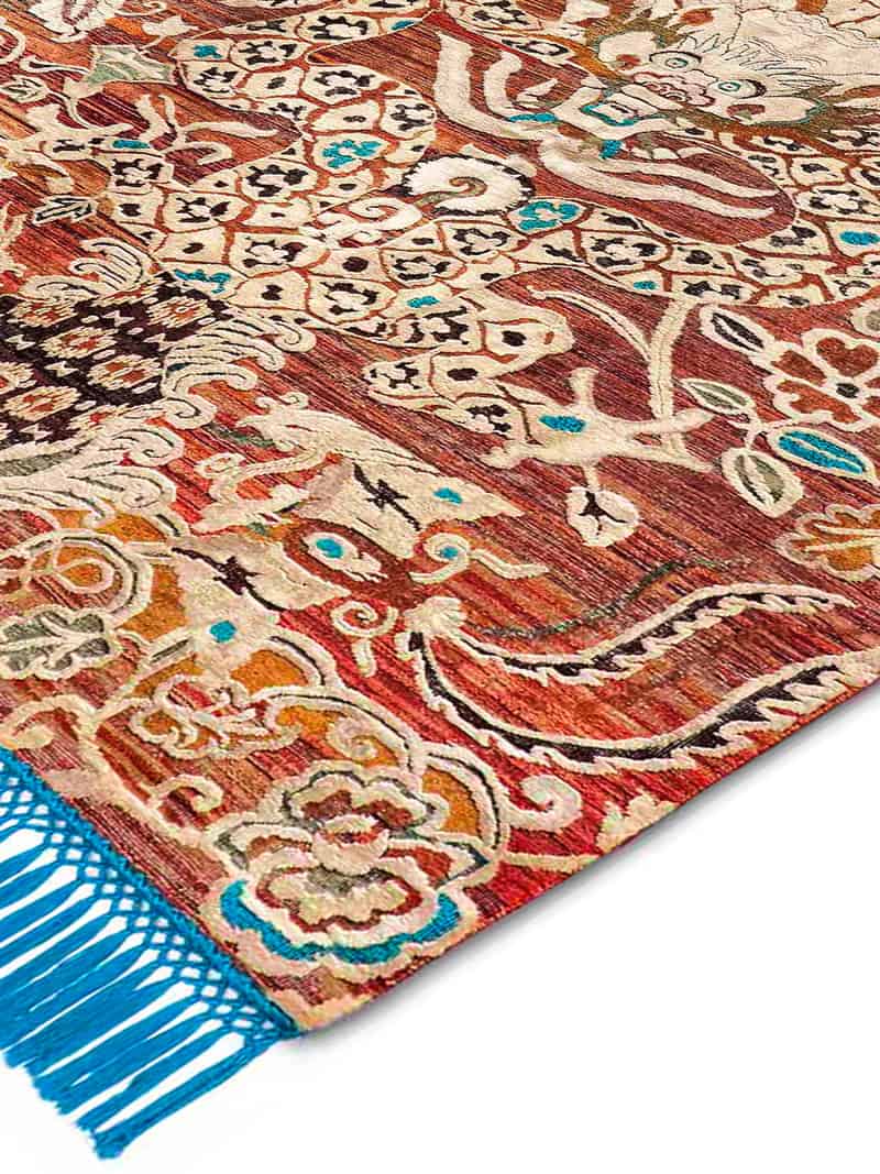 Dragon blauw / rood handgeknoopt tapijt | Maat: 183 × 274 cm