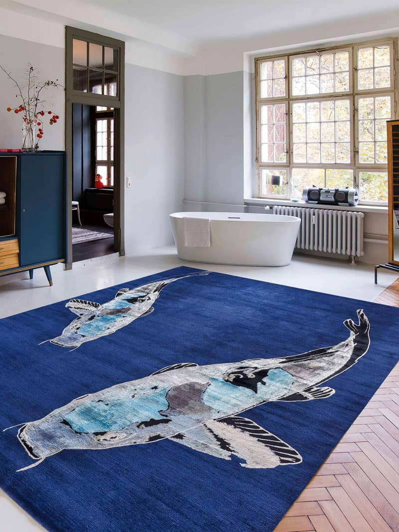 Fish Blue luxe handgeknoopt vloerkleed