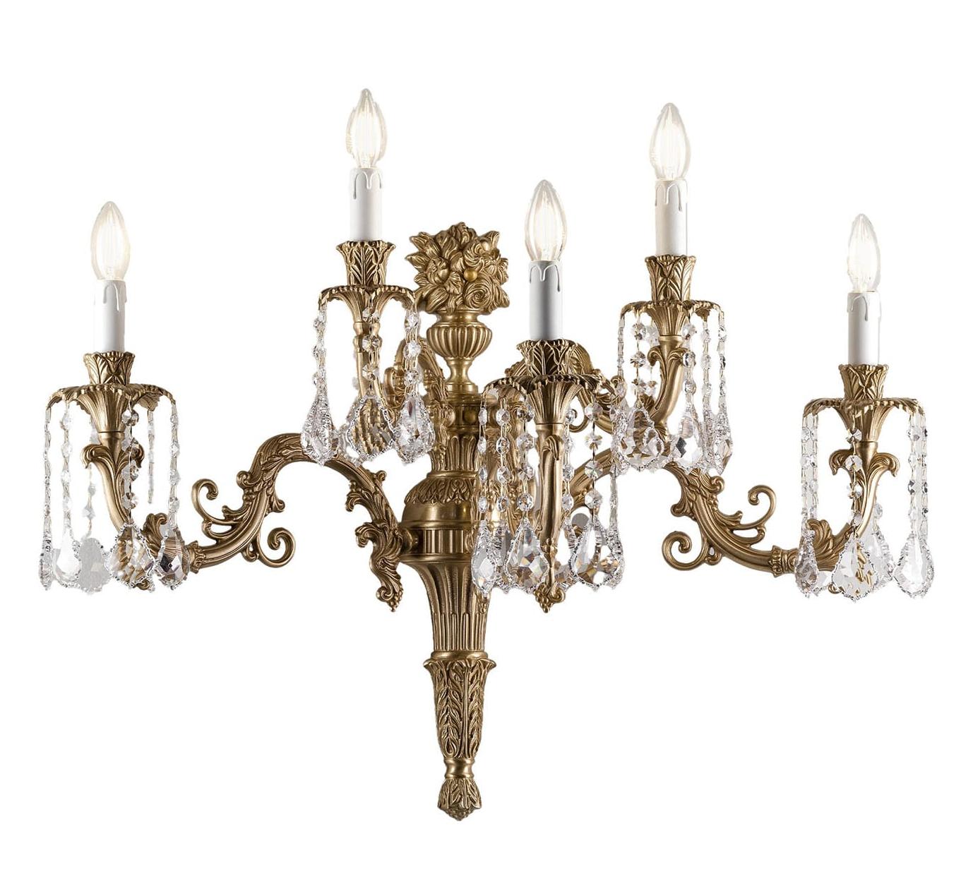 Barokke Messing Wandlamp met Kristallen Hangers