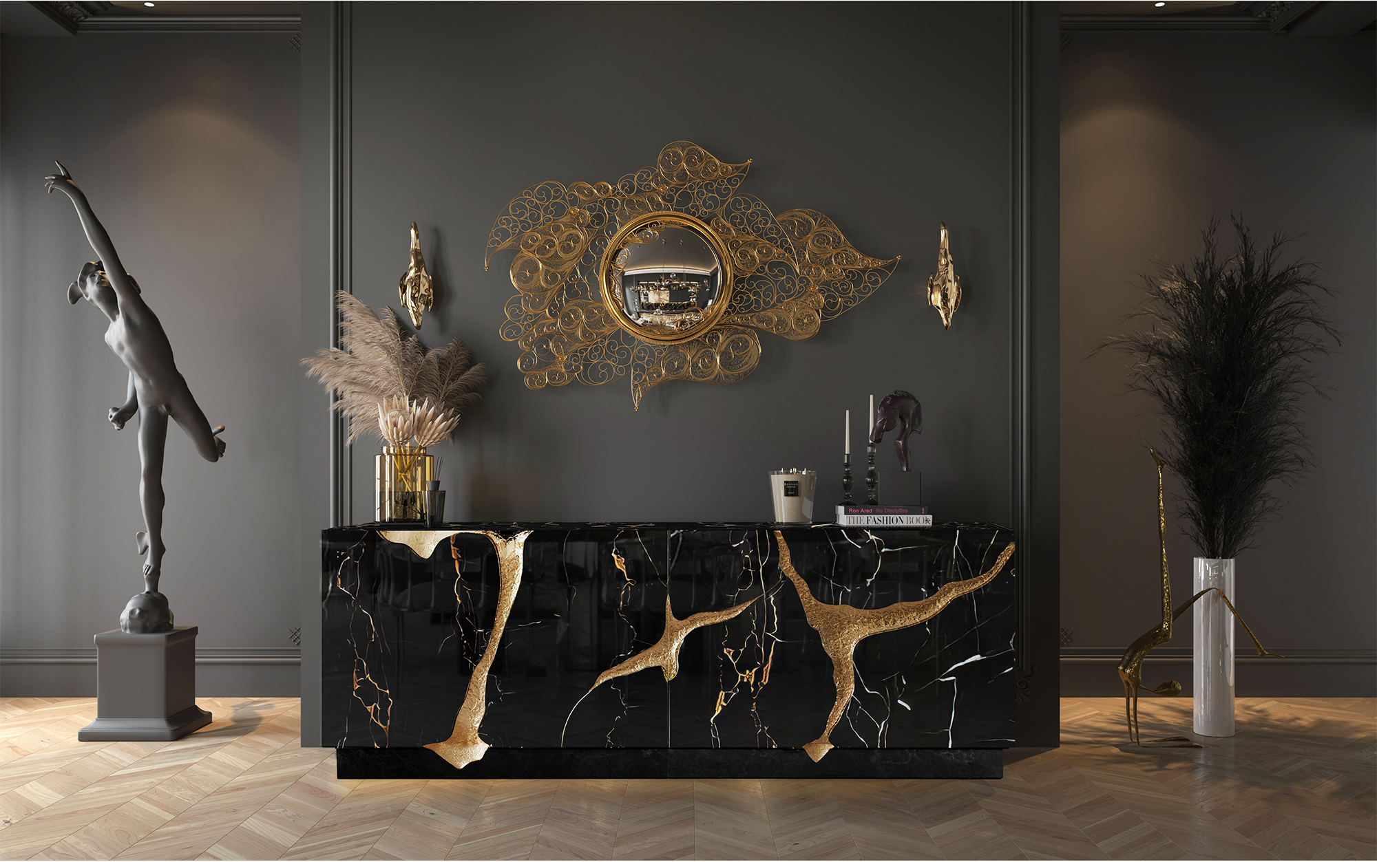 Zwart en goud luxueus dressoir