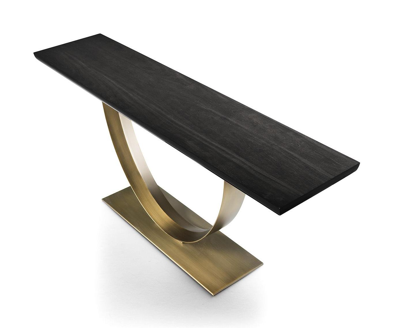 Hout-blad consoletafel met bronzen basis