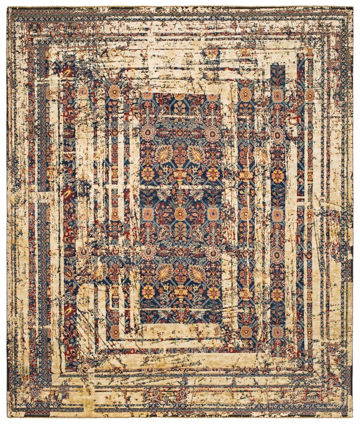 Tabriz canal frame marineblauw vuilwit zijde vloerkleed