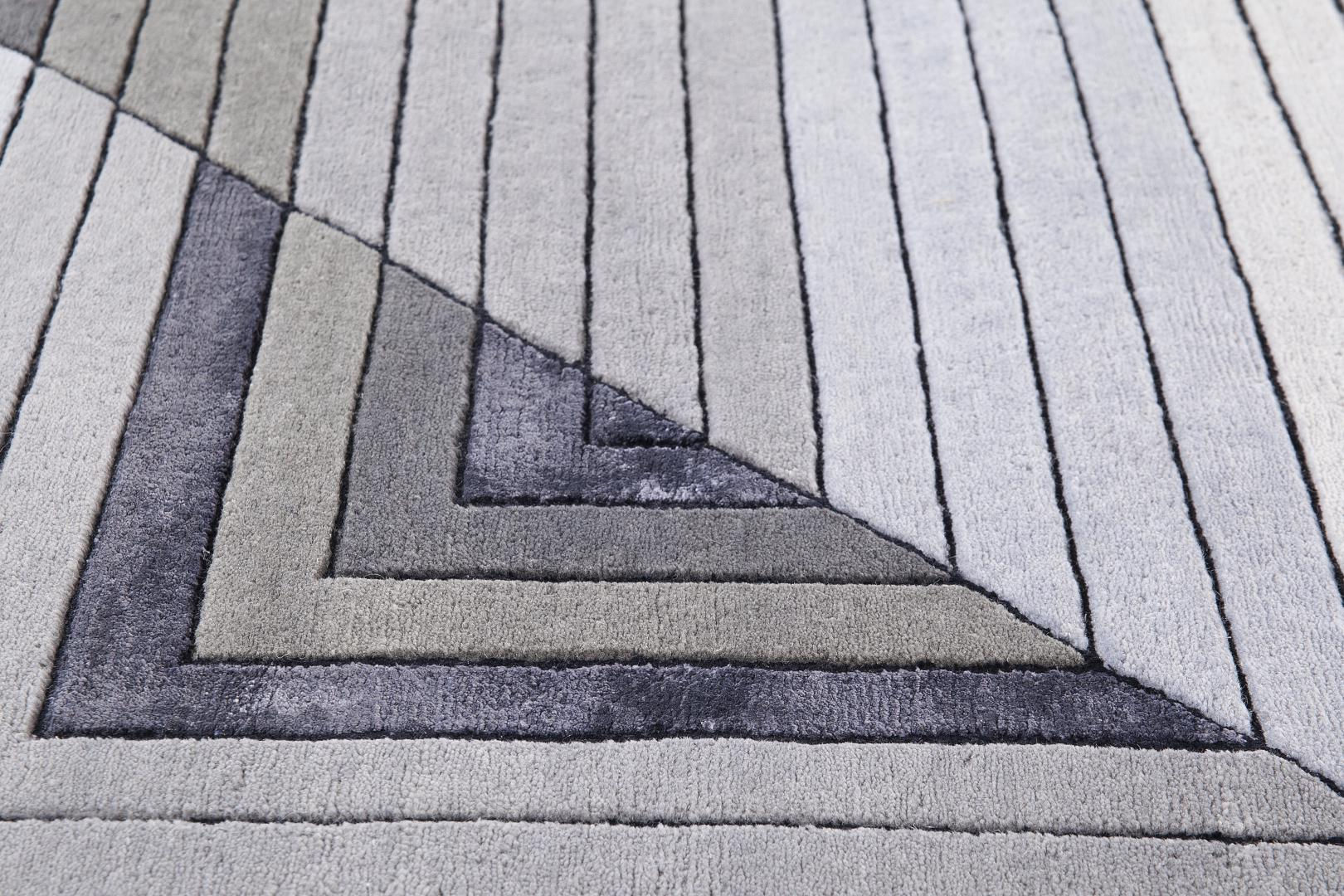 Handgeknoopt grijs geometrisch wol & viscose vloerkleed