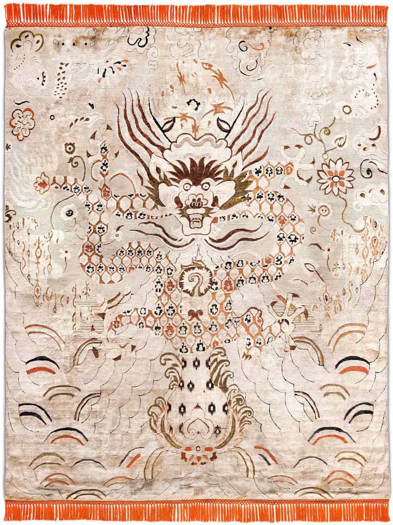 Dragon oranje / crème handgeknoopt tapijt | Maat: 365 × 457 cm