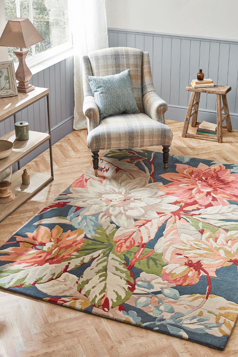 Dahlia and rosehip teal tapijt | Maat: 140 × 200 cm