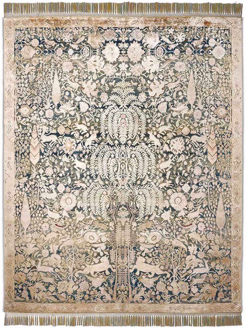 Goud / blauw handgemaakte luxe vloerkleed
