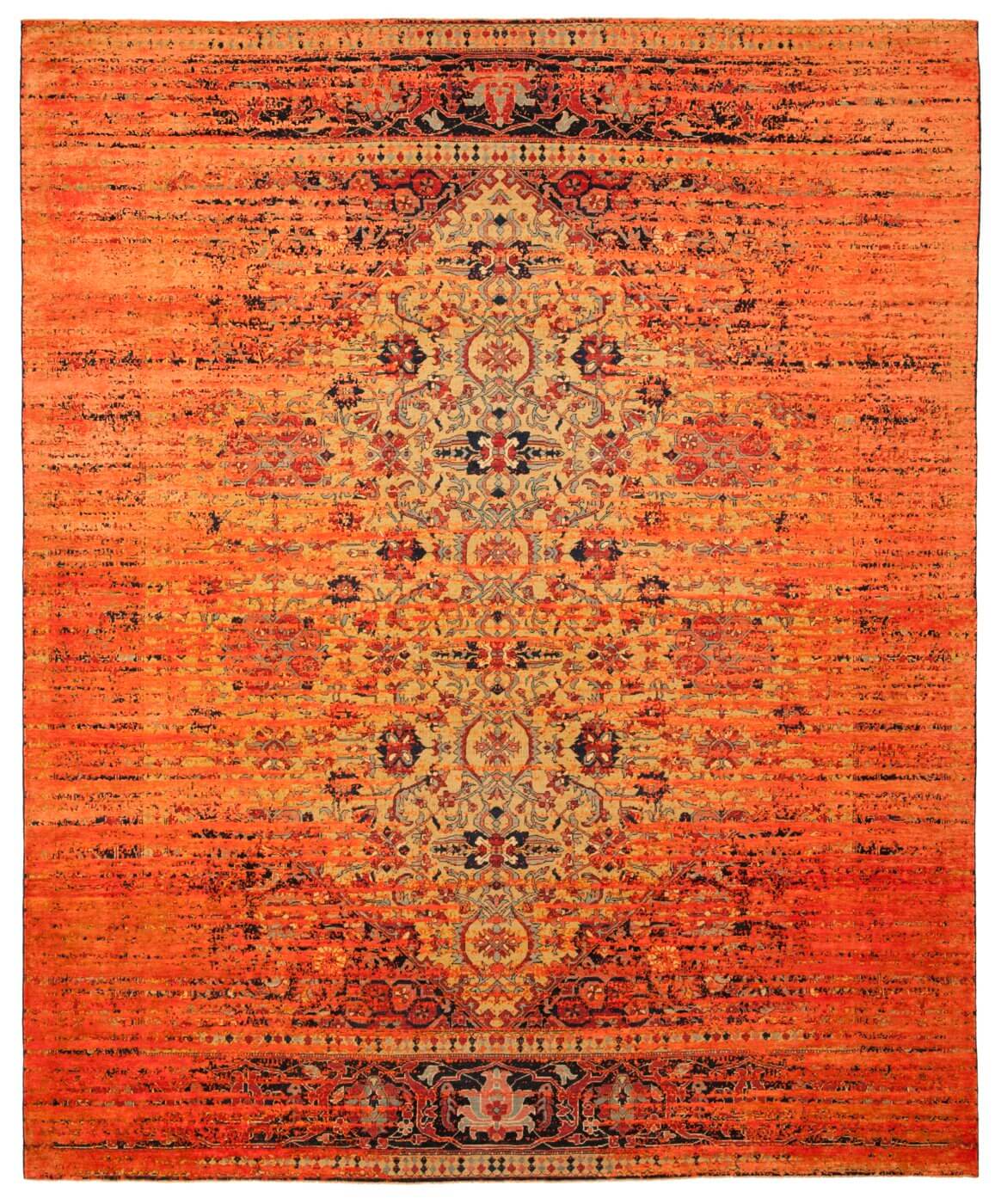 Serapi queensbury stomped geel neonoranje zijde vloerkleed | Maat: 200 × 300 cm