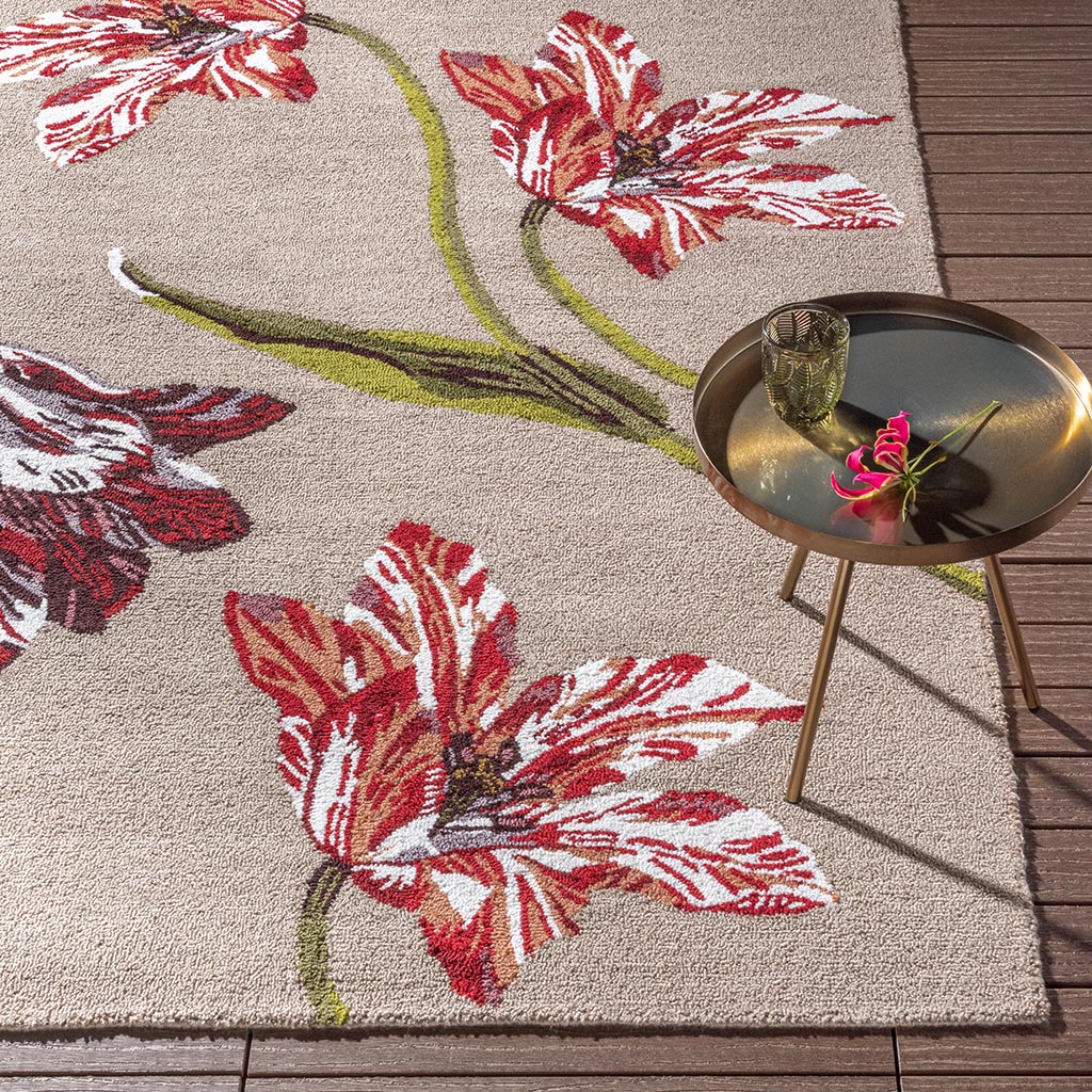 Botanical tulip beige/rood outdoor tapijt | Maat: 250 × 350 cm