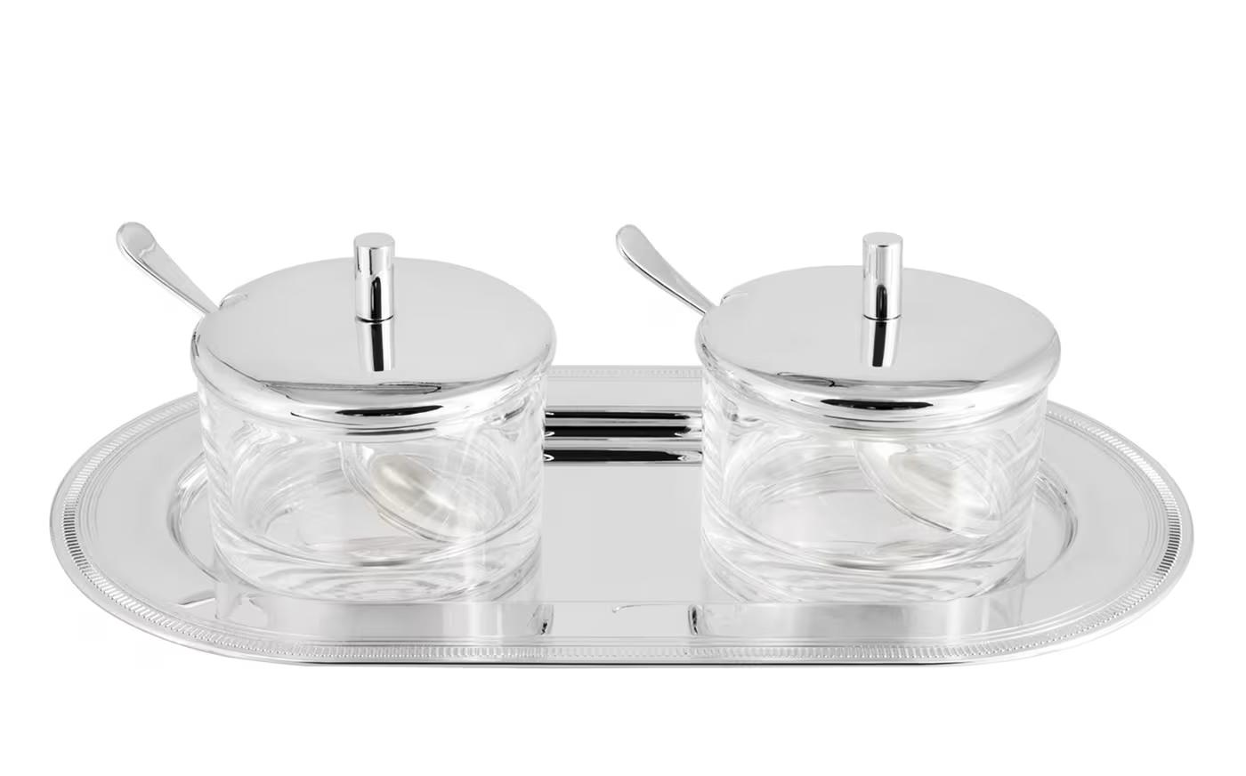 Zilveren jampot duo met serveerblad