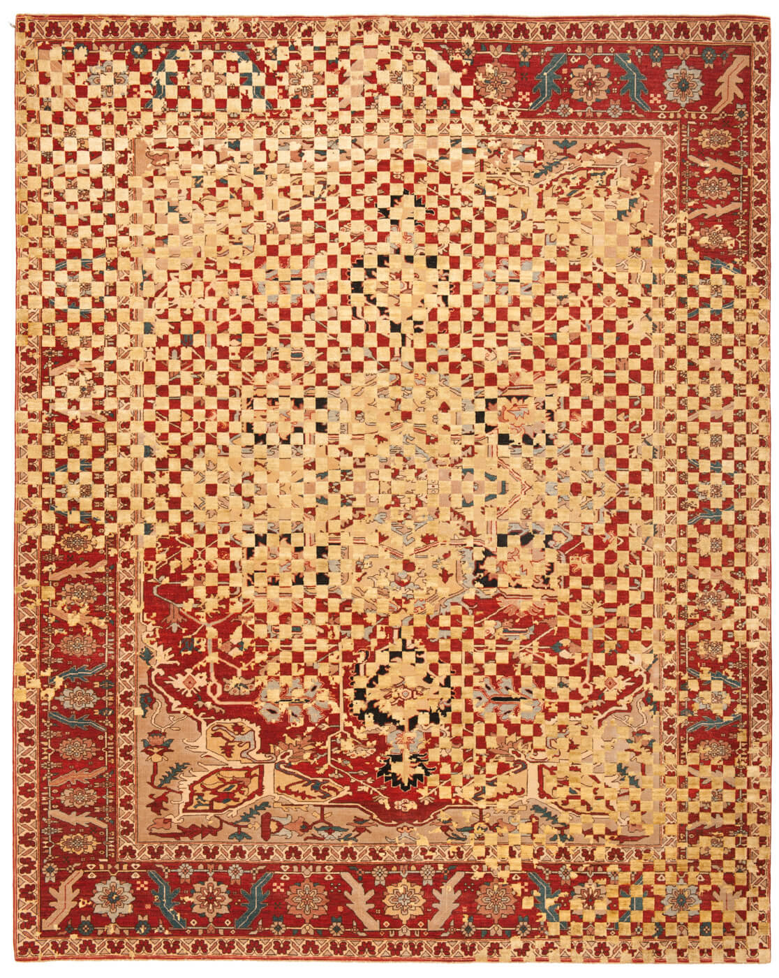 Serapi victoria checker raved rood goud zijde vloerkleed