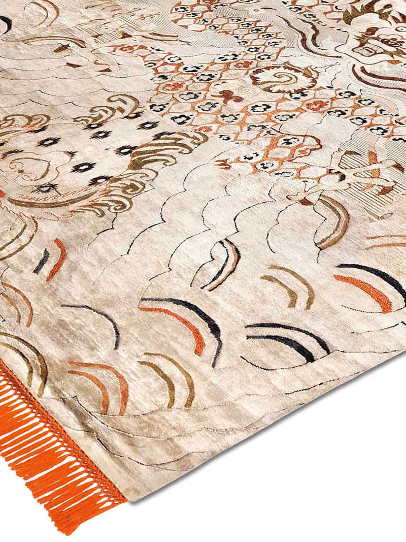 Dragon oranje / crème handgeknoopt tapijt | Maat: 365 × 457 cm