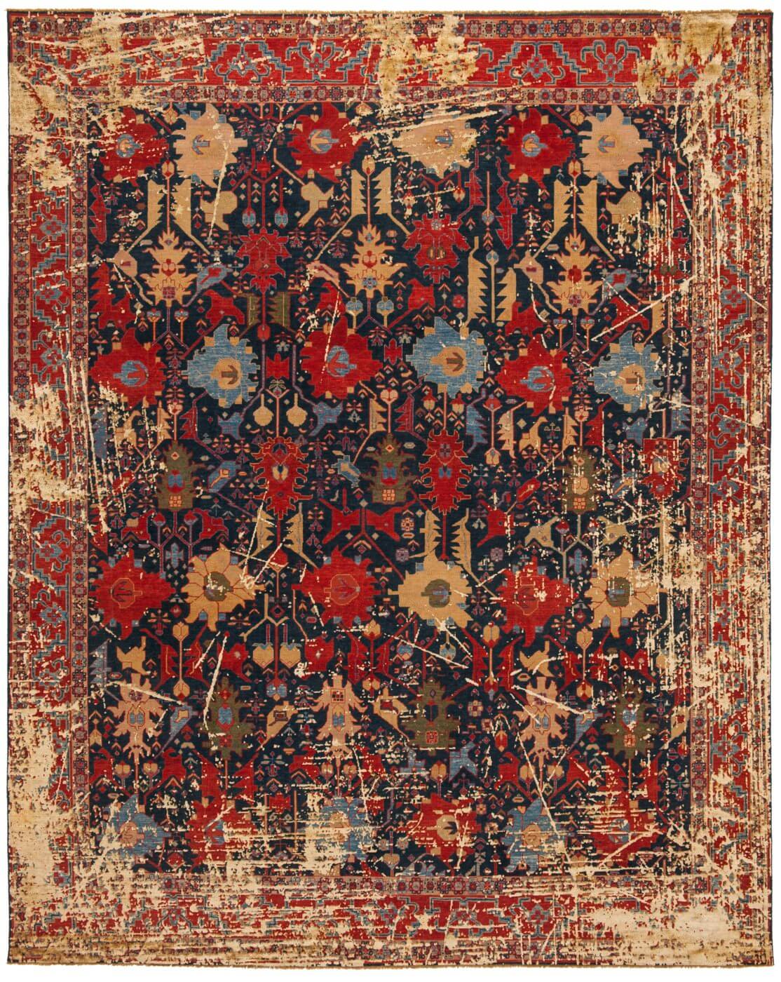 Bidjar leyton scratched marineblauw vuilwit zijde vloerkleed
