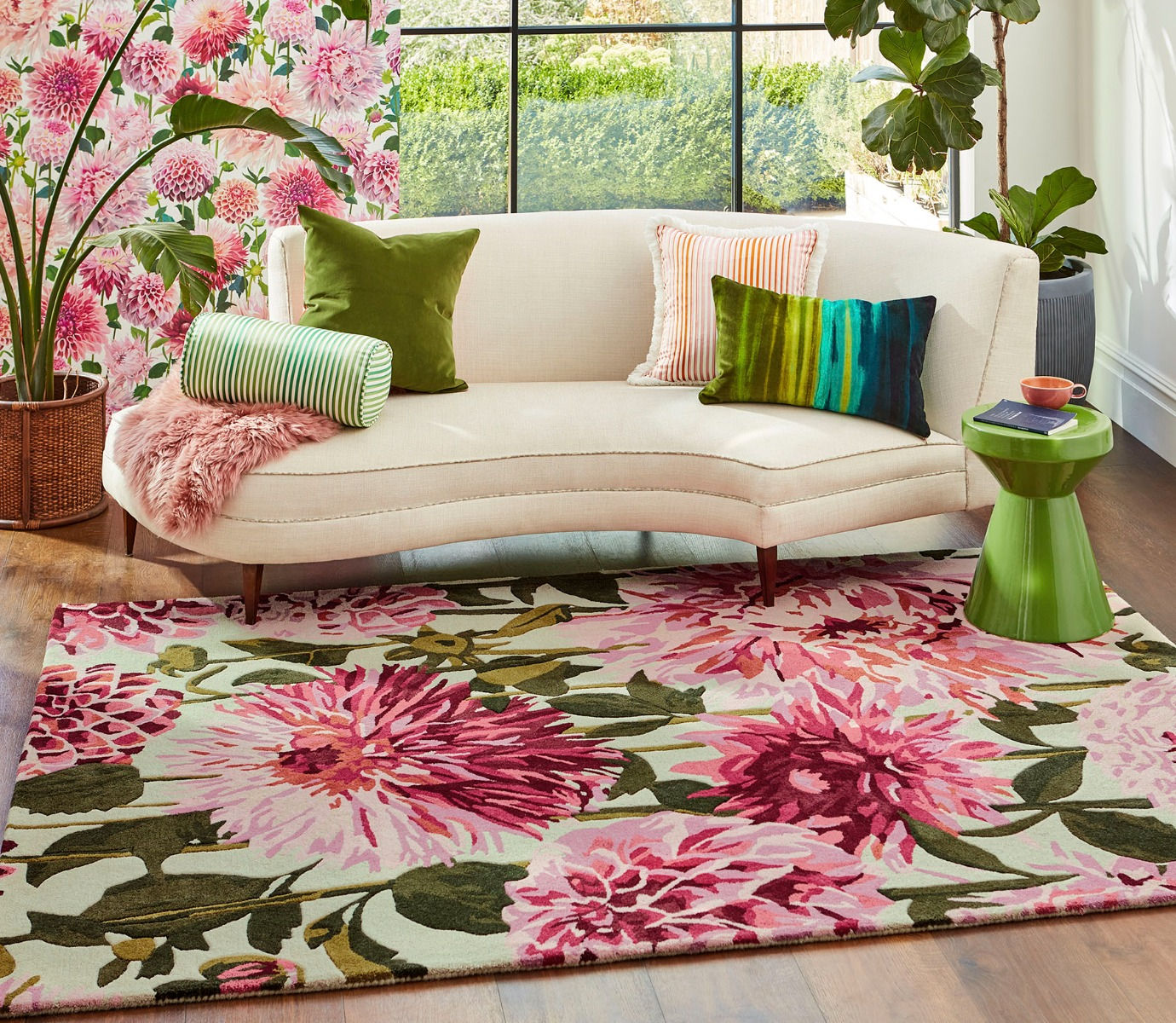 Dahlia fuchsia/palm tapijt | Maat: 250 × 350 cm