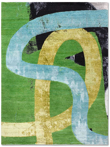 Original groen / geel handgeweven vloerkleed