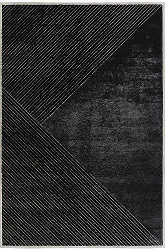 Handgeknoopt zwart gestreept wol & viscose tapijt