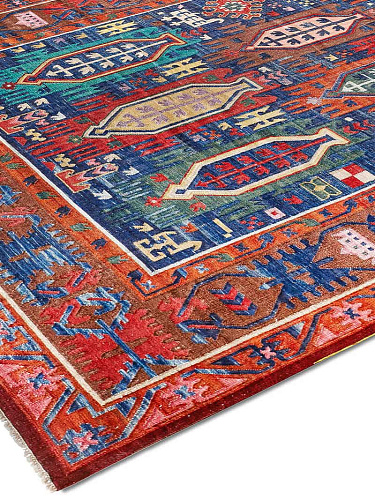 Flatweave blauw / rood handgemaakte luxe vloerkleed