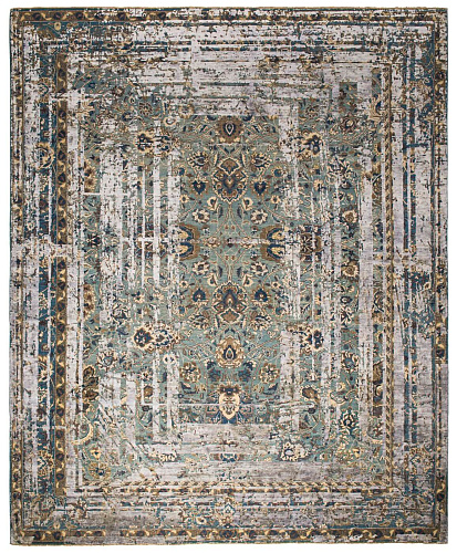Kirman flower frame groen donkergrijs zijde vloerkleed