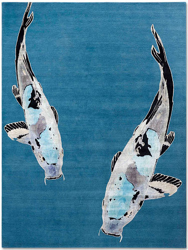 Fish Blue on Turquoise luxe handgeknoopt vloerkleed
