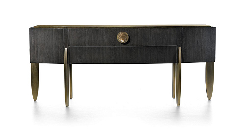 Elegance ellipse console met parel accenten en bronzen poten