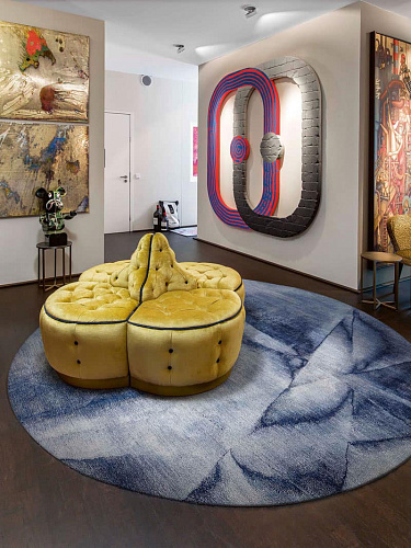 Rond marineblauw handgeknoopt vloerkleed