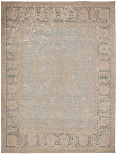 Tabriz wooster sekizgen 2 hemelblauw zilvergrijs zijde vloerkleed