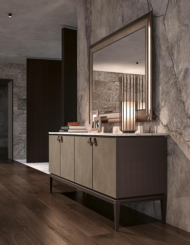 Dressoir met marmeren blad en leren deuren