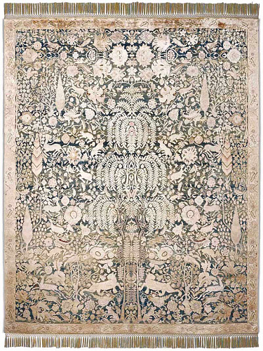 Goud / blauw handgemaakte luxe vloerkleed