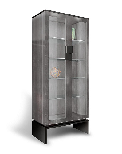 Cedar en glazen vitrine met metalen accenten