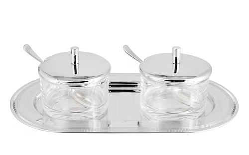 Zilveren jampot duo met serveerblad