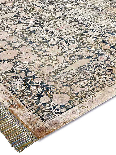 Goud / blauw handgemaakte luxe vloerkleed