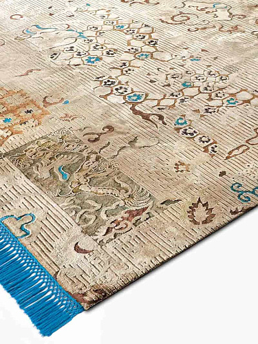 Dragon blauw / beige handgeknoopt vloerkleed